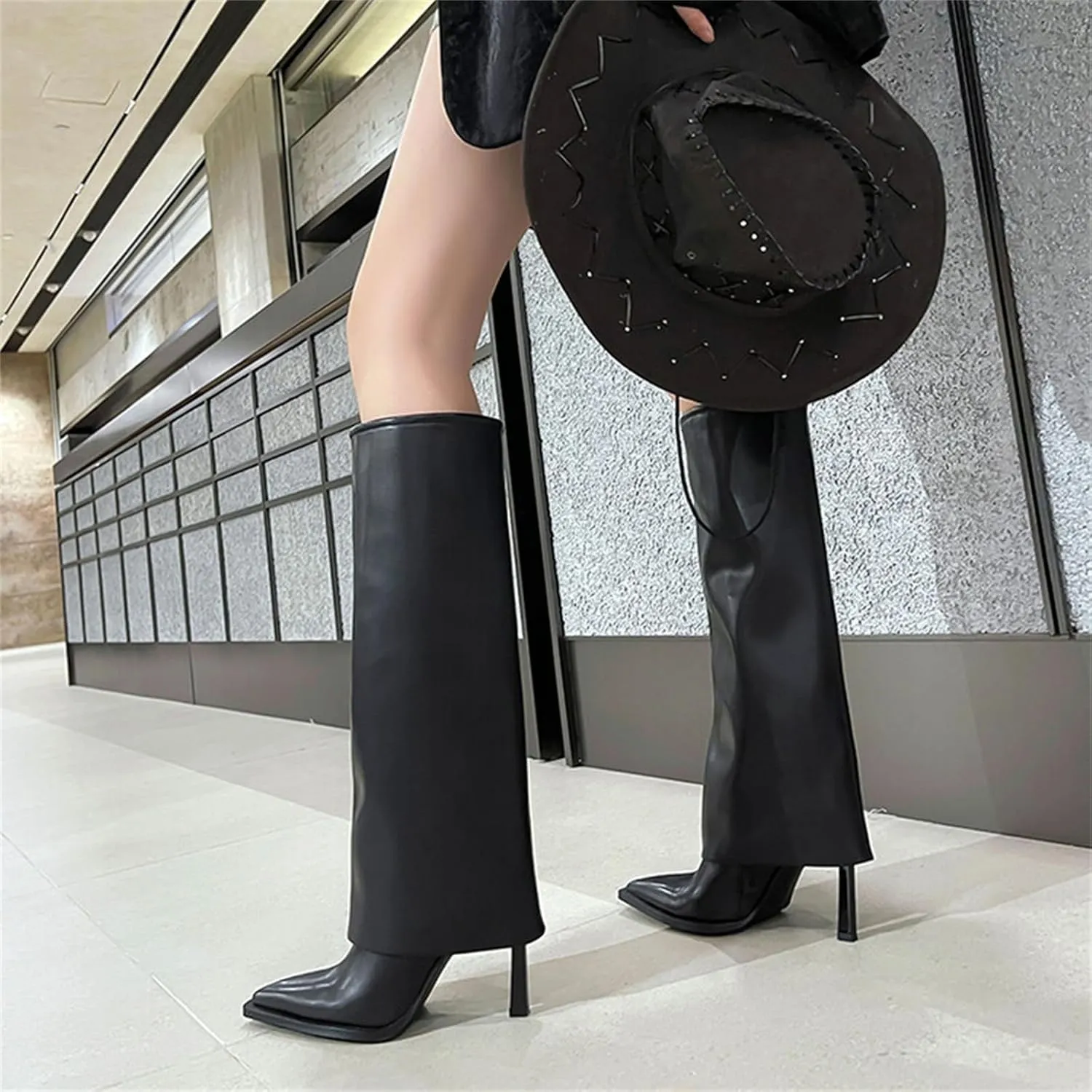 Goolita Women's Stiletto Heel Knee High Boots Pointed Toe Slip On Fold Over Boots For Women Sewing Leather Comfy Dress Boots