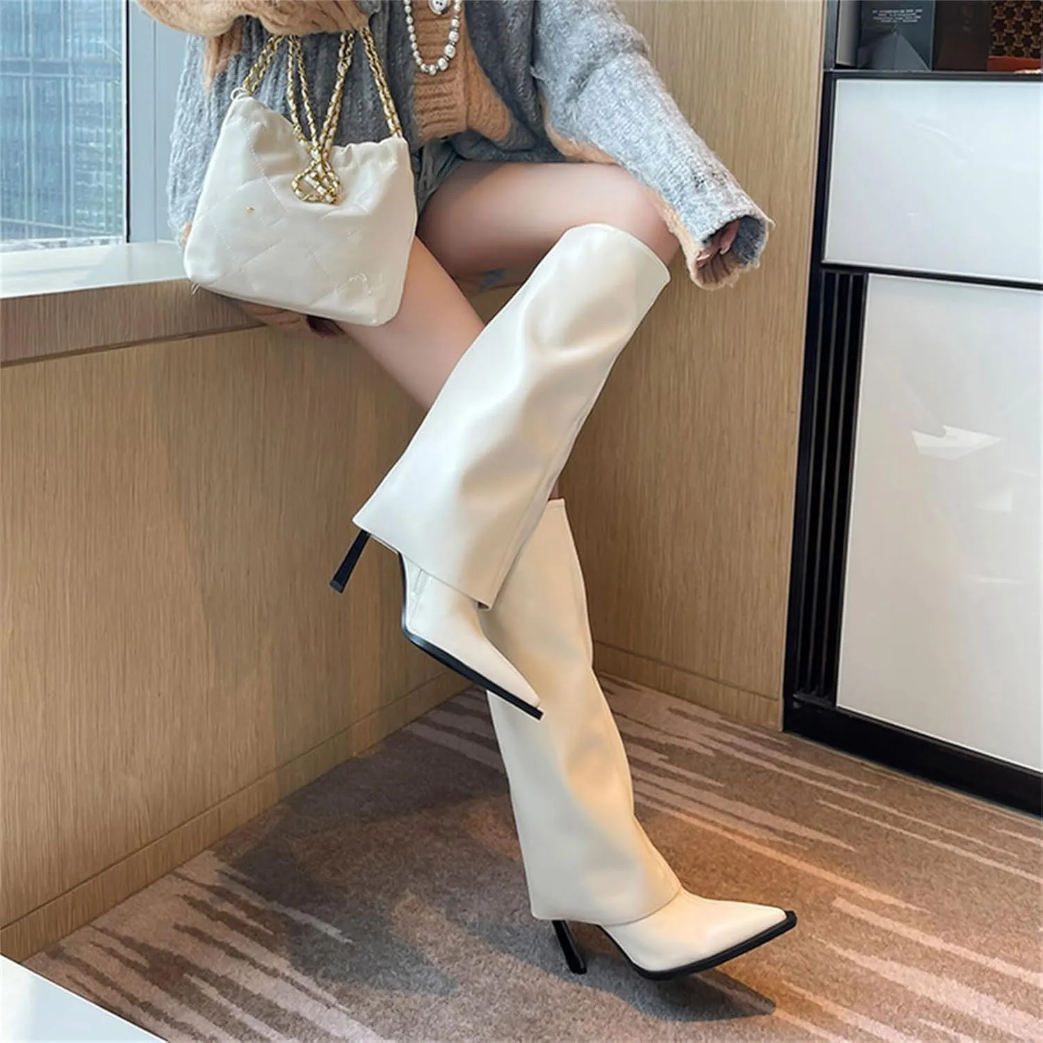 Goolita Women's Stiletto Heel Knee High Boots Pointed Toe Slip On Fold Over Boots For Women Sewing Leather Comfy Dress Boots