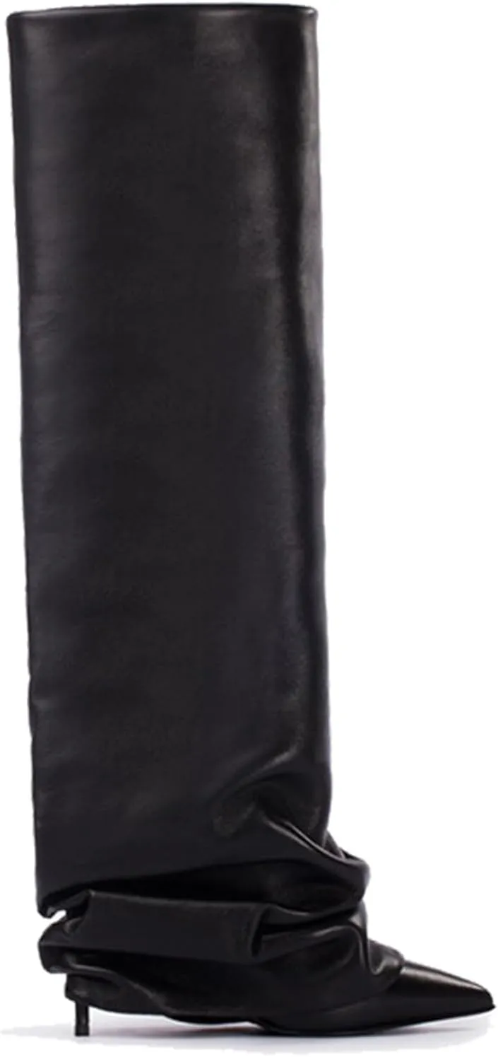 Goolita Women's Stiletto Heel Knee High Boots Pointed Toe Slip On Fold Over Boots For Women Sewing Leather Comfy Dress Boots
