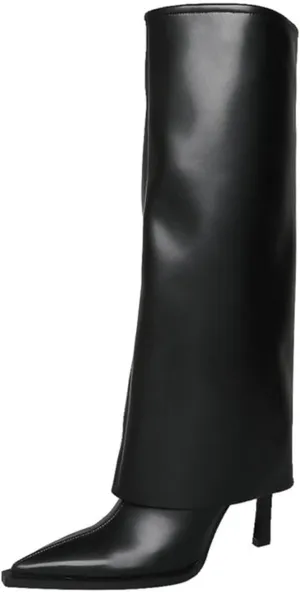 Goolita Women's Stiletto Heel Knee High Boots Pointed Toe Slip On Fold Over Boots For Women Sewing Leather Comfy Dress Boots