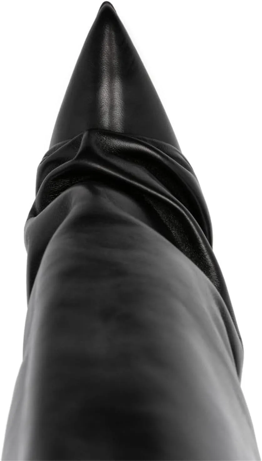 Goolita Women's Stiletto Heel Knee High Boots Pointed Toe Slip On Fold Over Boots For Women Sewing Leather Comfy Dress Boots