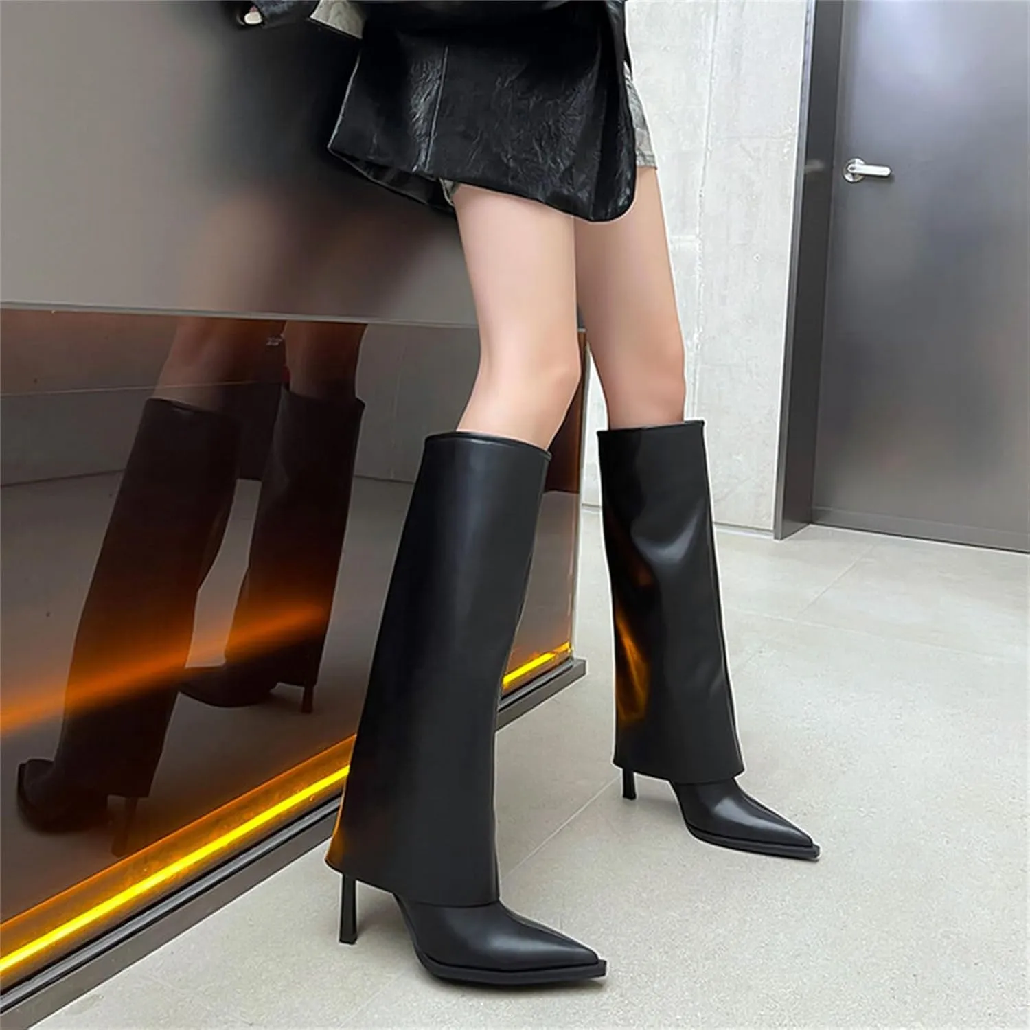 Goolita Women's Stiletto Heel Knee High Boots Pointed Toe Slip On Fold Over Boots For Women Sewing Leather Comfy Dress Boots