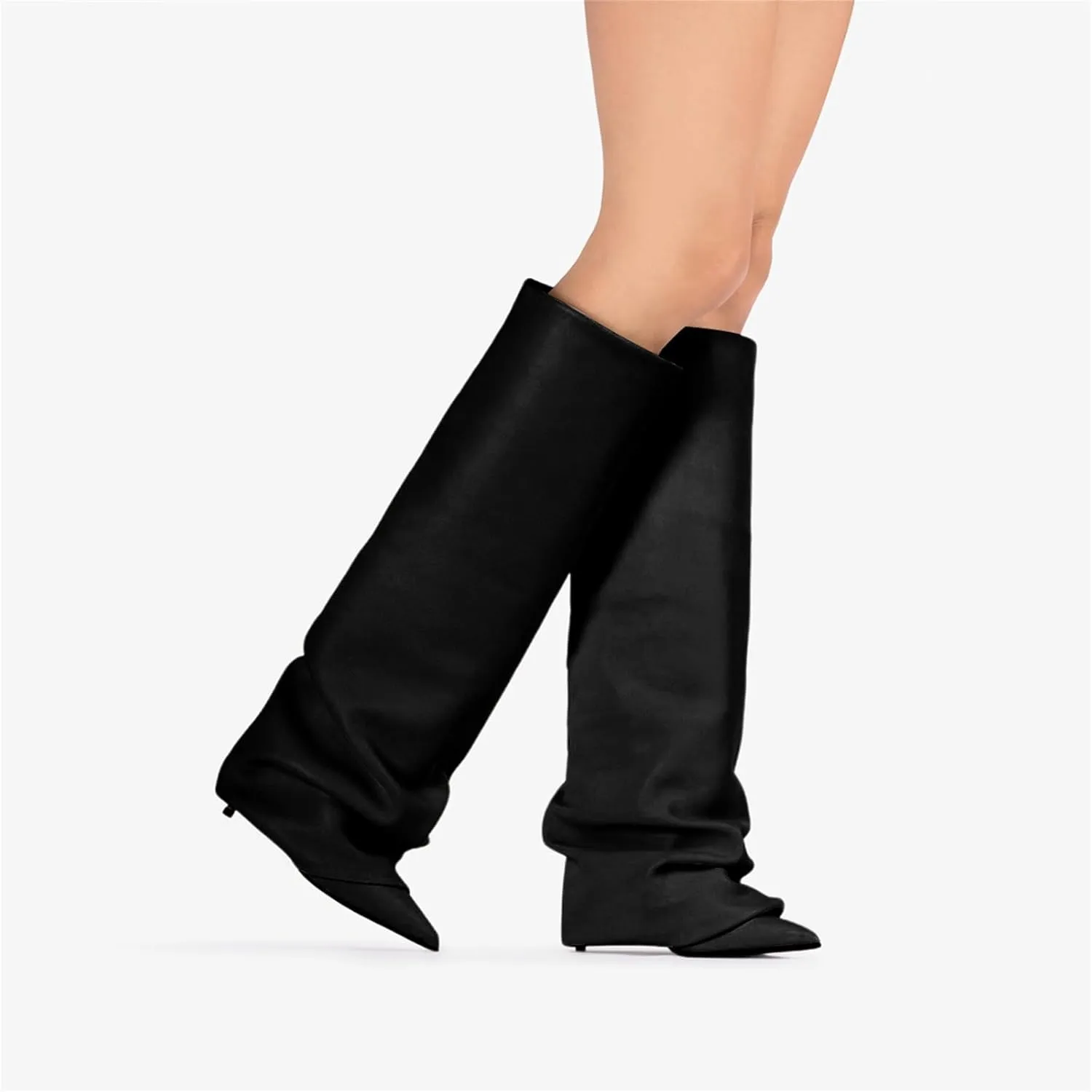 Goolita Women's Stiletto Heel Knee High Boots Pointed Toe Slip On Fold Over Boots For Women Sewing Leather Comfy Dress Boots