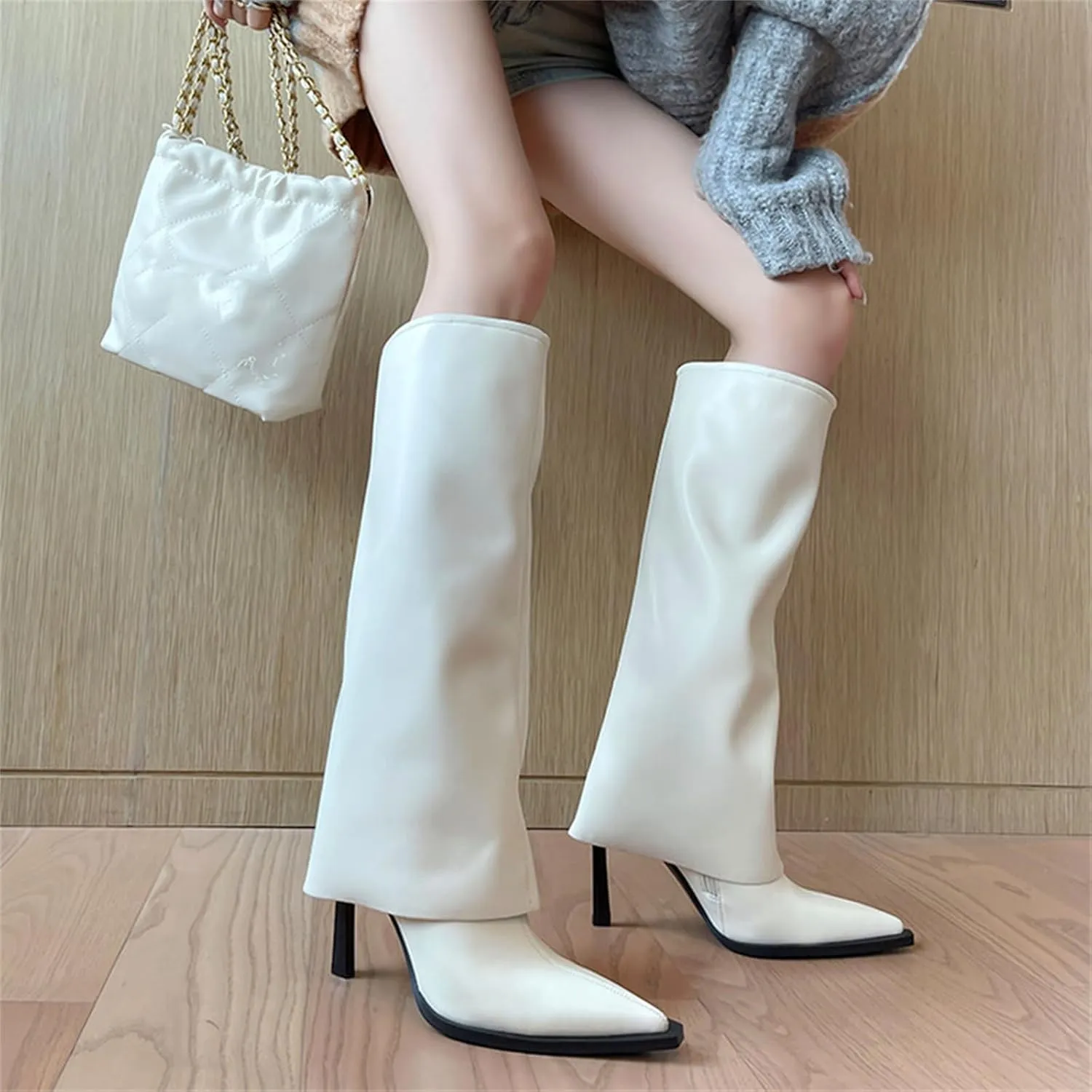 Goolita Women's Stiletto Heel Knee High Boots Pointed Toe Slip On Fold Over Boots For Women Sewing Leather Comfy Dress Boots