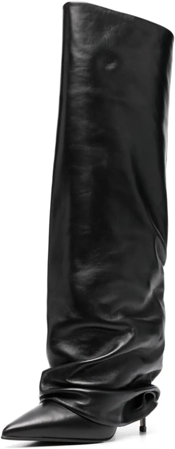 Goolita Women's Stiletto Heel Knee High Boots Pointed Toe Slip On Fold Over Boots For Women Sewing Leather Comfy Dress Boots