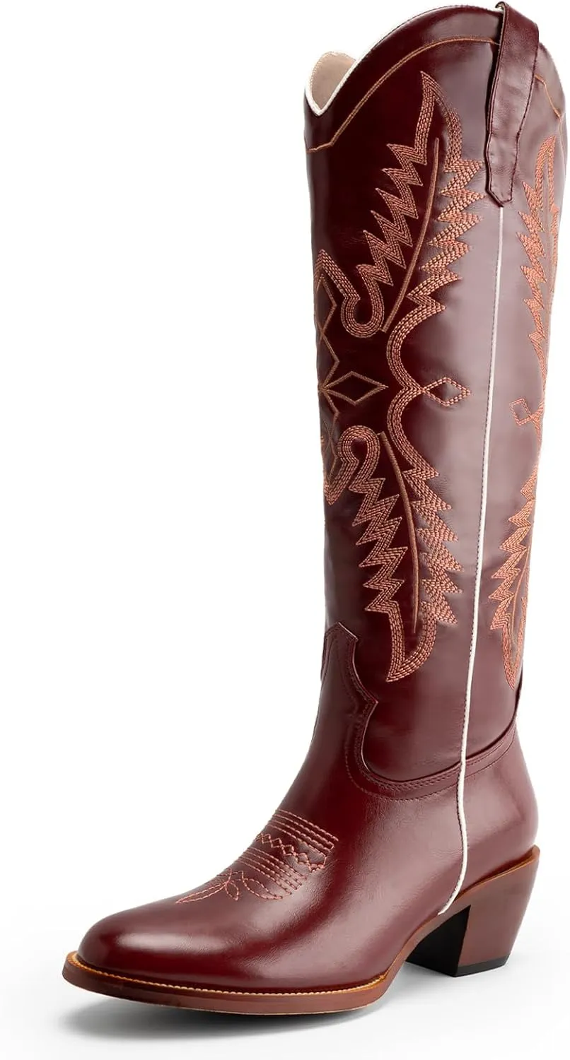GORBINETI Women Pink Cowboy Boots Mid Calf Cowgirl Boots Sky Blue Western Boots Embroidered Suede Pull On Almond Toe Chunky Heel