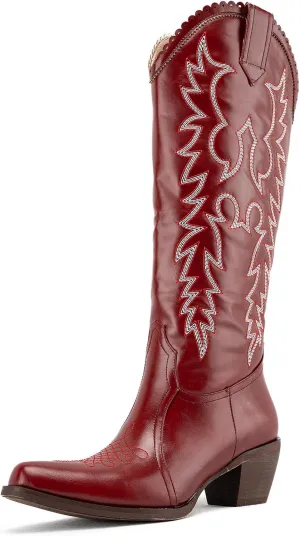 GORBINETI Women’s Western Cowboy Boots Embroidered Suede Mid Calf Pointed Toe Cowgirl Knee High Heel Boots Pull On Chunky Black