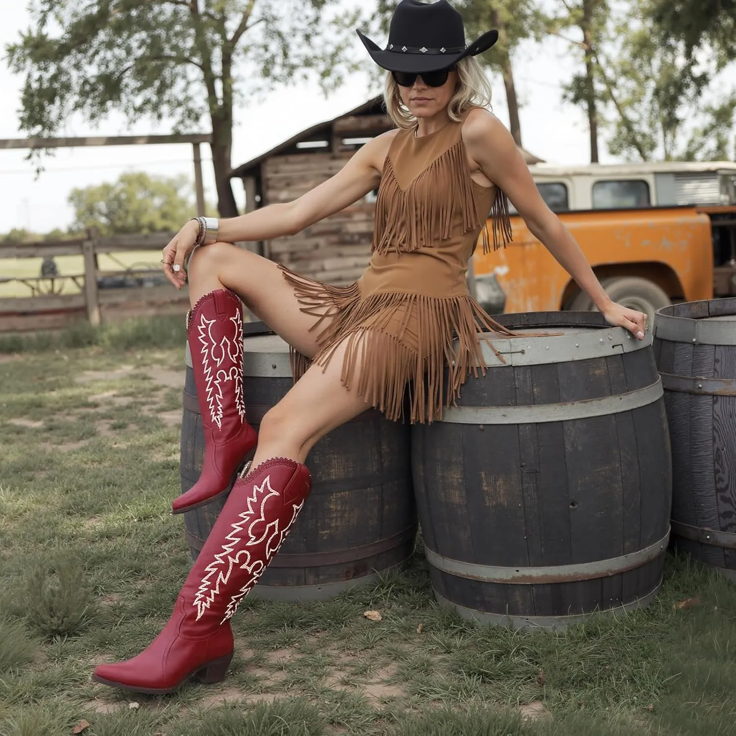 GORBINETI Women’s Western Cowboy Boots Embroidered Suede Mid Calf Pointed Toe Cowgirl Knee High Heel Boots Pull On Chunky Black
