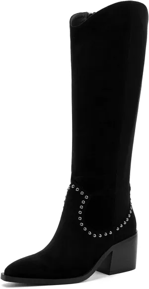 GOSERCE Suede Knee High Boots for Women Pointed Toe Chunky Heel Tall Fall Boots Side Zipper with stud Details Black