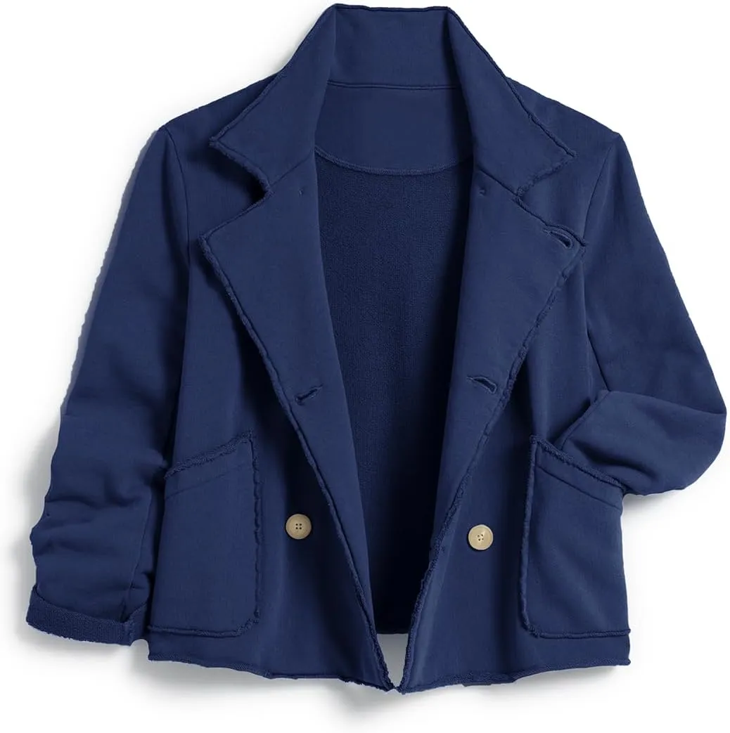 Haellun Womens Notched Peacoat Cropped Blazer Double Breasted Trench Coat Overcoat Jackets with Pockets