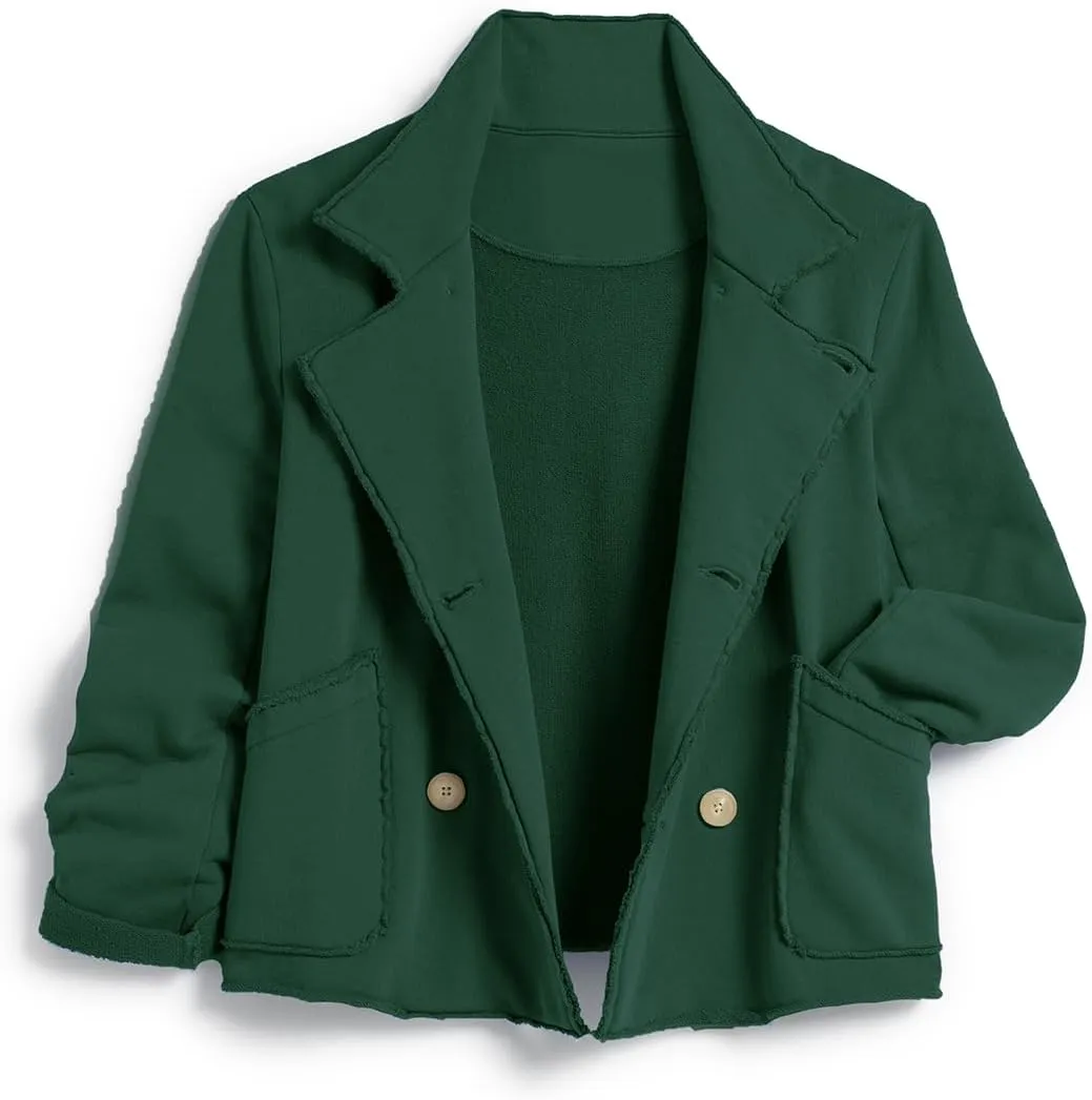 Haellun Womens Notched Peacoat Cropped Blazer Double Breasted Trench Coat Overcoat Jackets with Pockets