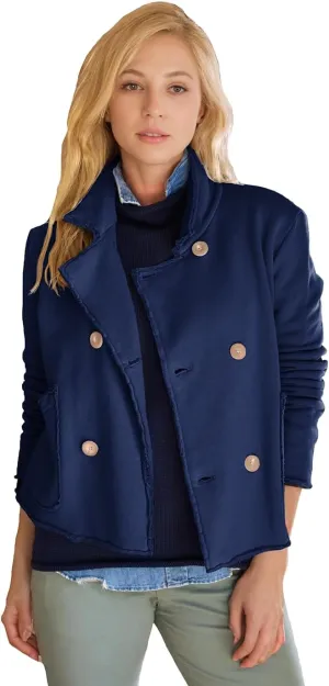 Haellun Womens Notched Peacoat Cropped Blazer Double Breasted Trench Coat Overcoat Jackets with Pockets