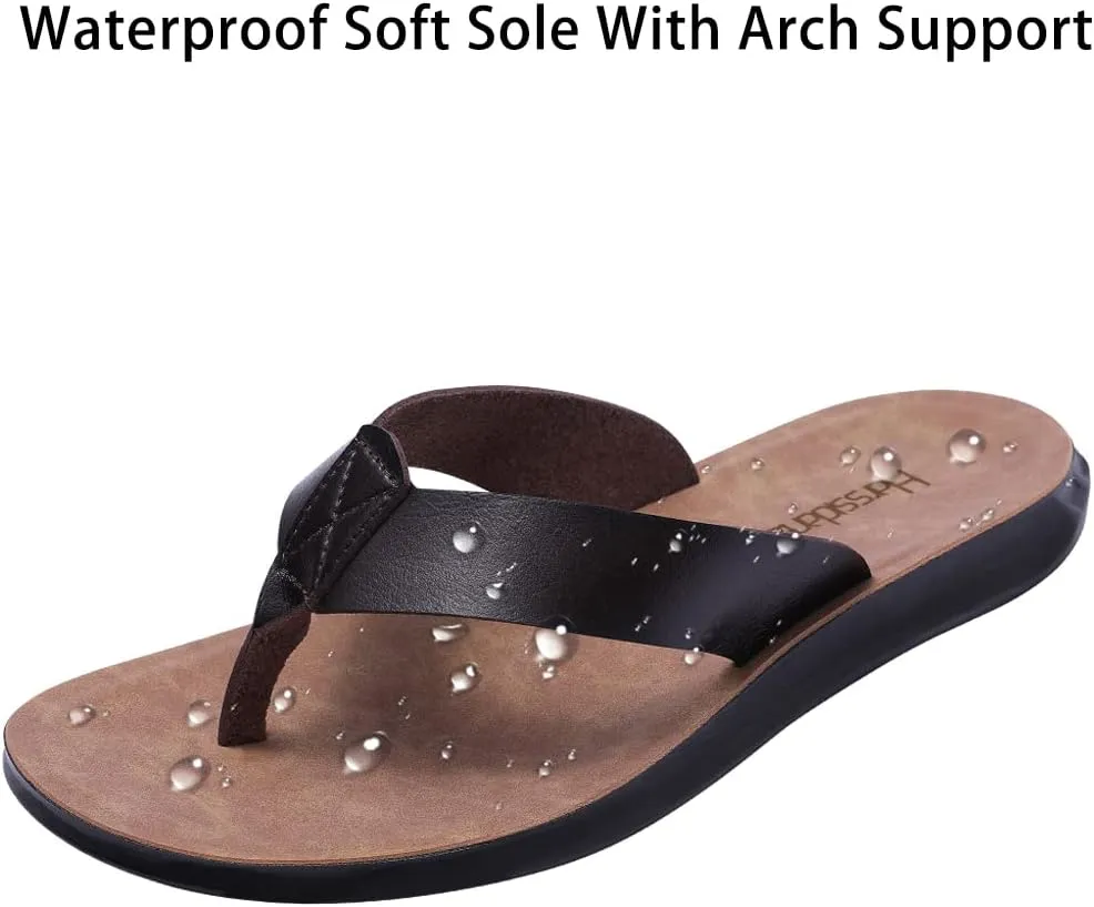 Harssidanzar Mens Flip Flops, Summer Thong Comfortable Arch Support Soft Leather Footbed Beach Sandals KM215