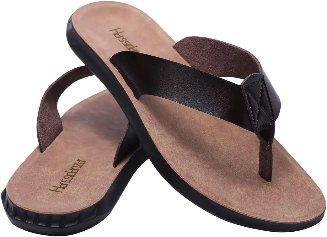 Harssidanzar Mens Flip Flops, Summer Thong Comfortable Arch Support Soft Leather Footbed Beach Sandals KM215
