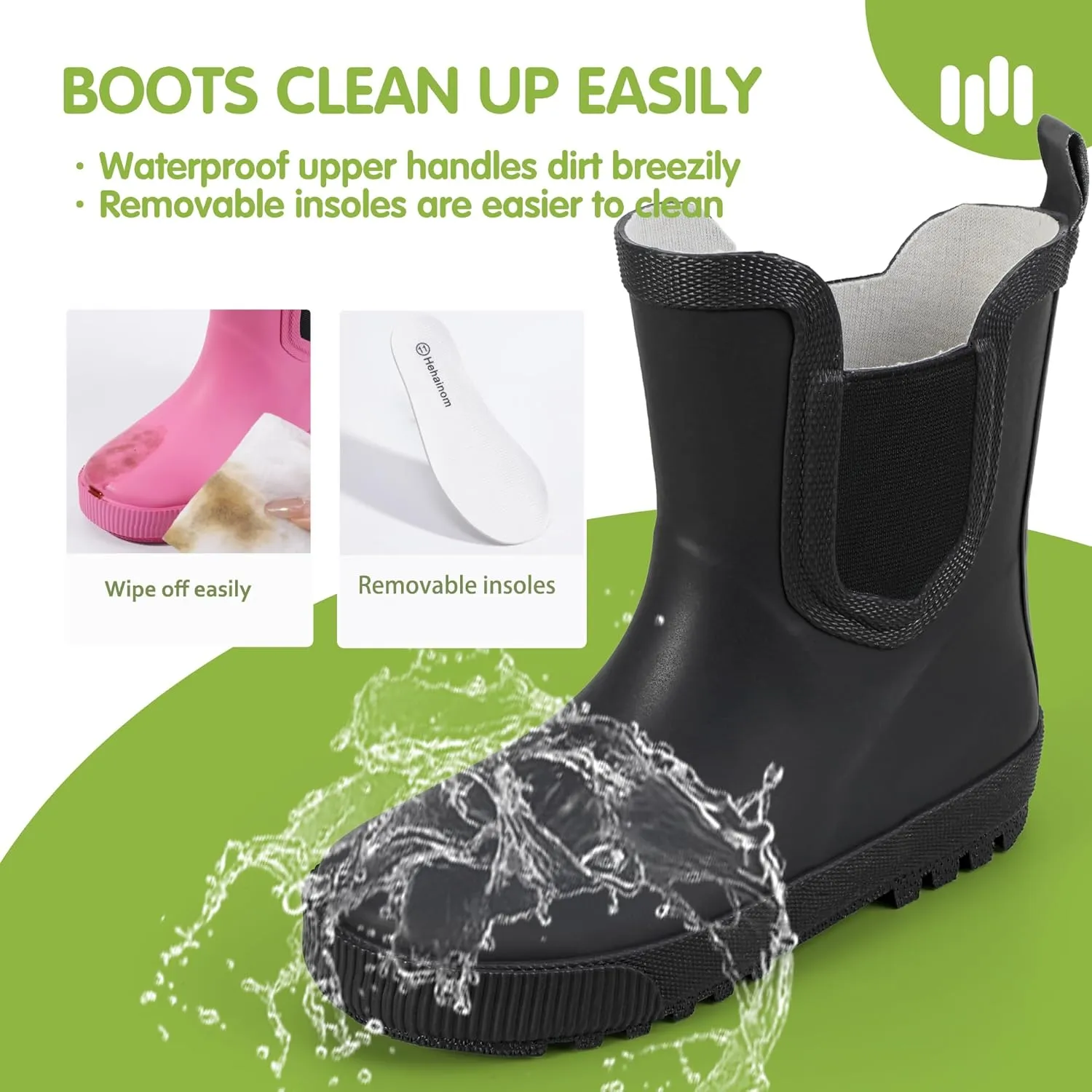 Hehainom Toddler Kids Rain Boots for Girls Boys Waterproof Rainboots Easy-on Light Weight Chelsea Rain Shoes