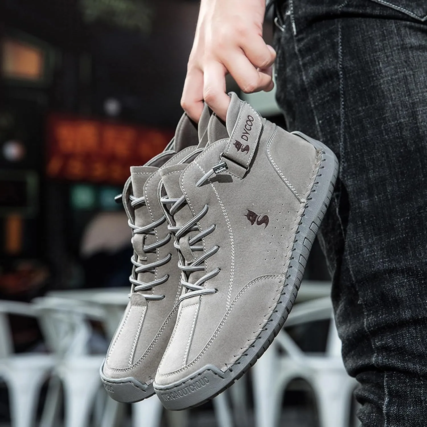 Helenbra Men's Suede Italian Handmade High Top Chukka Boots,Comfortable Hook & Loop Slip-on Lace up Outdoor Non-Slip Soft Sole Booties Casual Flat Sneakers for Hiking Camping & Driving