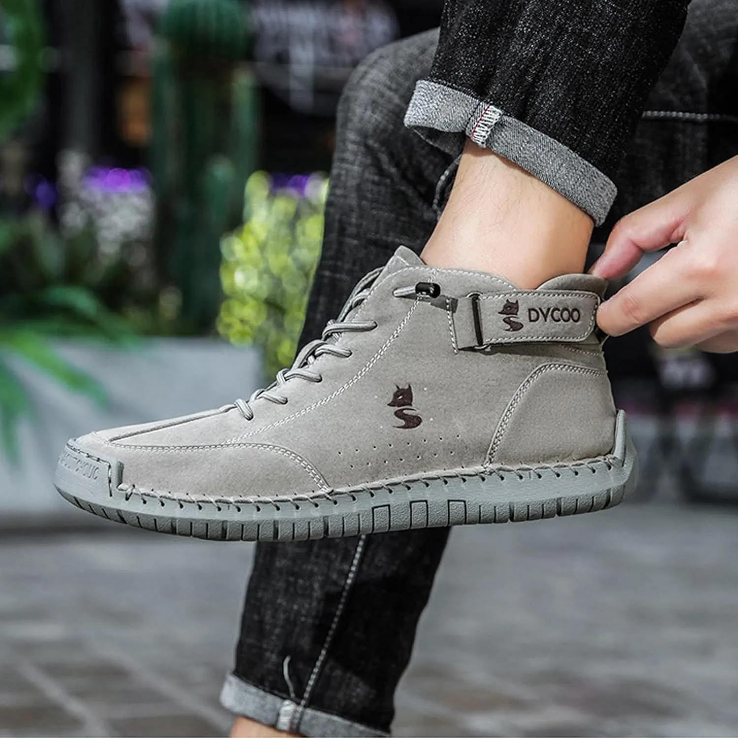 Helenbra Men's Suede Italian Handmade High Top Chukka Boots,Comfortable Hook & Loop Slip-on Lace up Outdoor Non-Slip Soft Sole Booties Casual Flat Sneakers for Hiking Camping & Driving