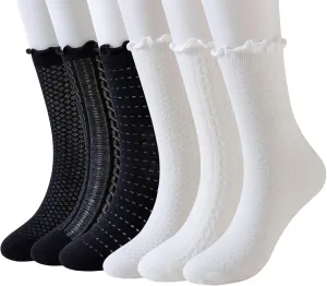 Heran 6 Pairs Lace Mesh Ankle Socks for Women, Sheer Ruffle Dress Frilly Crew Socks, Breathable Casual Cotton Stockings for Mary Jane Loafers Shoes, Cute Stockings for Girls Lady Woman(Black & White)