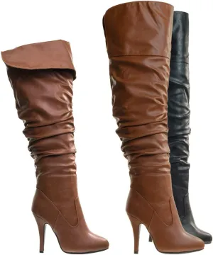 High heel Wrinkled Slouchy Dress Boots - Stretch Foldable Over Knee