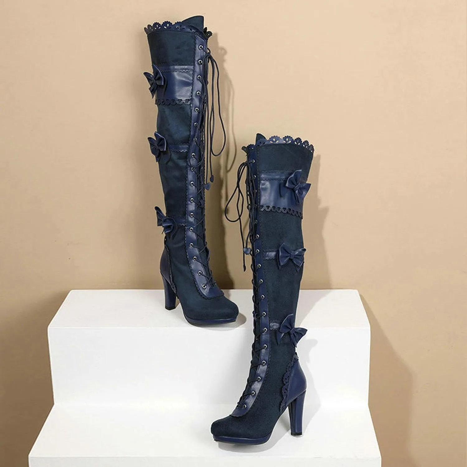 High Heels Women's Over The Knee Boots Round Toe Bow Chunky Heel Lace Up Tall Boots Party Dress Pumps Shoes 9cm