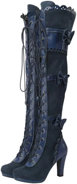 High Heels Women's Over The Knee Boots Round Toe Bow Chunky Heel Lace Up Tall Boots Party Dress Pumps Shoes 9cm
