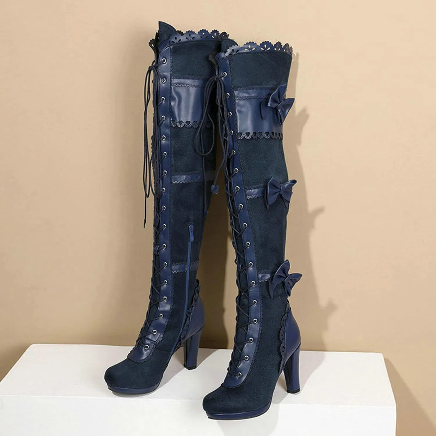 High Heels Women's Over The Knee Boots Round Toe Bow Chunky Heel Lace Up Tall Boots Party Dress Pumps Shoes 9cm