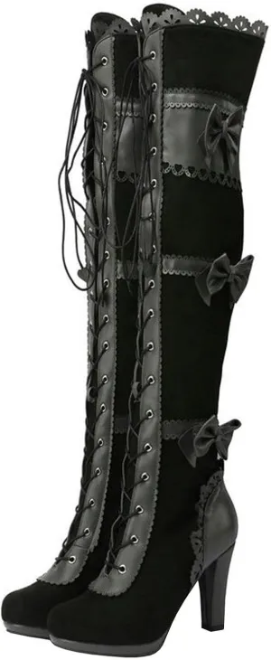 High Heels Women's Over The Knee Boots Round Toe Bow Chunky Heel Lace Up Tall Boots Party Dress Pumps Shoes 9cm