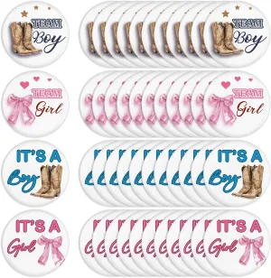 Highergo 48 Pcs Boots or Bows Gender Reveal Pins for Party Supplies Blue and Pink Team Boy Team Girl Button Pins Gender Reveal Games Decorations for Birthday Baby Shower Game Favors 1.73 Inch