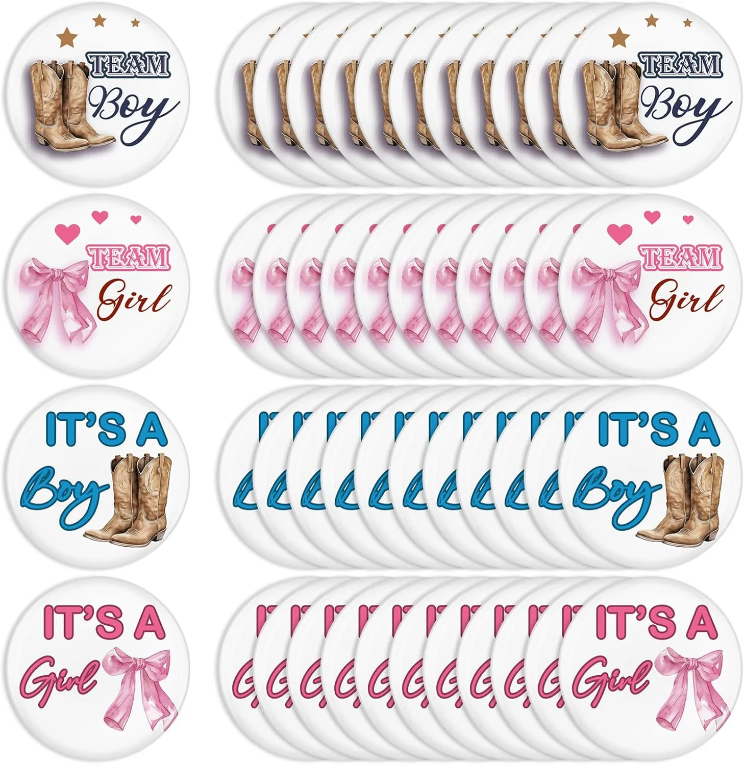 Highergo 48 Pcs Boots or Bows Gender Reveal Pins for Party Supplies Blue and Pink Team Boy Team Girl Button Pins Gender Reveal Games Decorations for Birthday Baby Shower Game Favors 1.73 Inch
