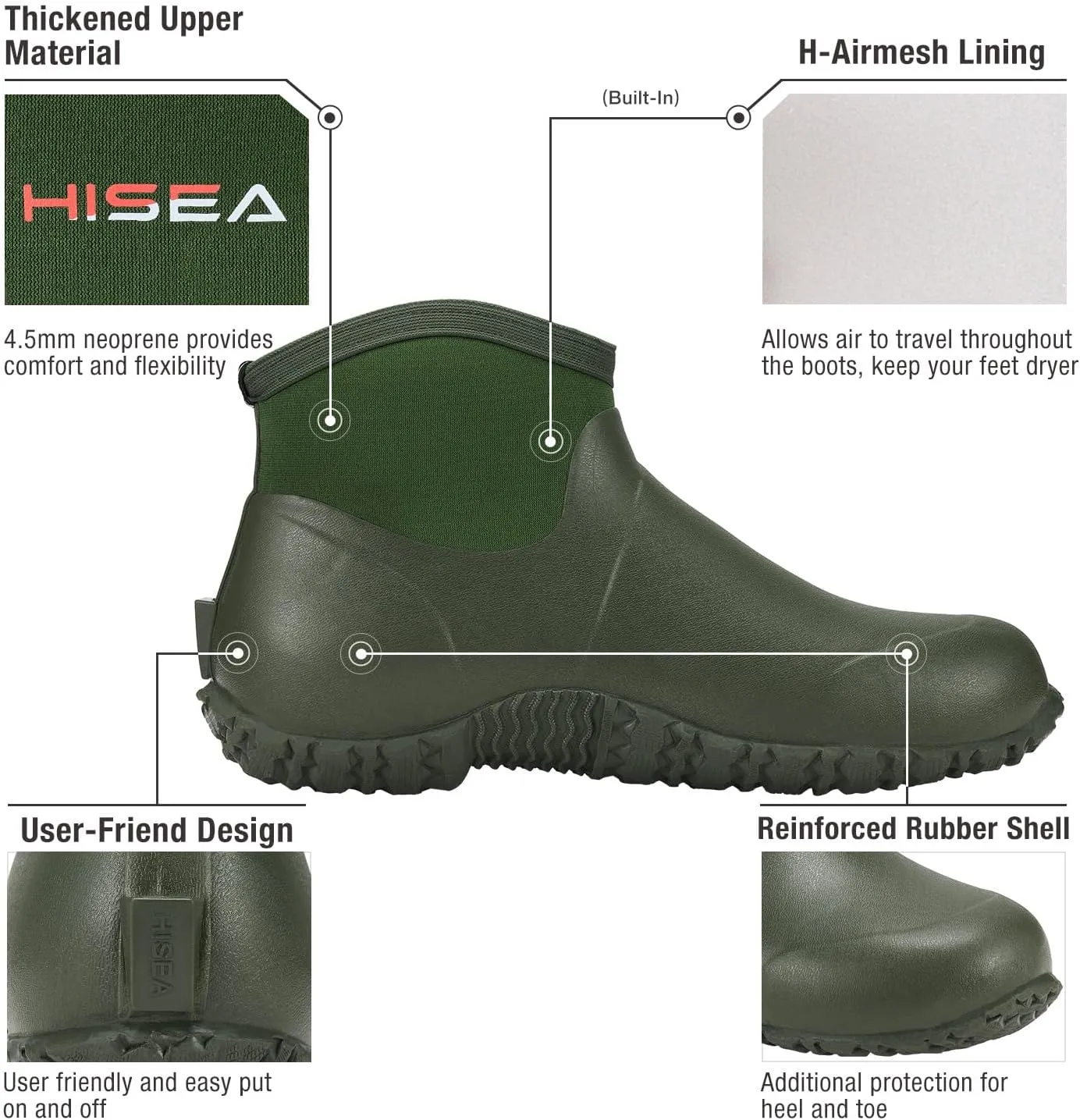 HISEA Men's Rain Boots, Ankle Height Garden Shoes Waterproof Insulated Rubber Neoprene Mud Boots Anti-Slip Outdoor Work Booties for Gardening Farming Camping Fishing and Yard Working
