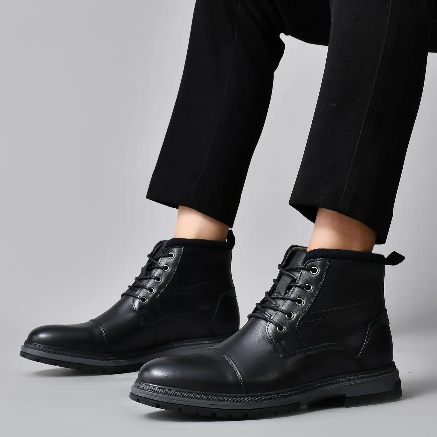 Holy dove Mens Oxford Leather Dress Boots Cap Toe Side Zip Fashion Mid Top Chukka Ankle Boots for Men