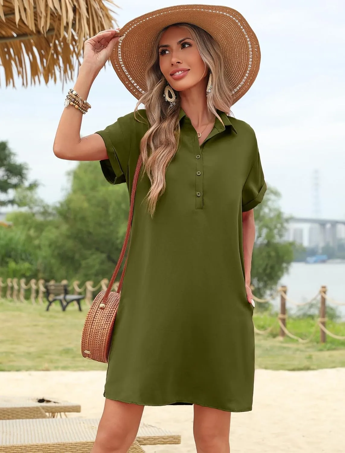 HOTOUCH Womens Summer Shirt Dress Short Sleeve Floral Shift Dress Casual Loose Flowy Beach Sundress with Pockets