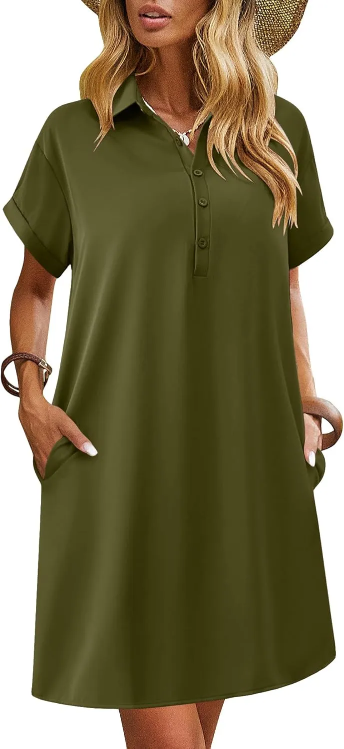 HOTOUCH Womens Summer Shirt Dress Short Sleeve Floral Shift Dress Casual Loose Flowy Beach Sundress with Pockets