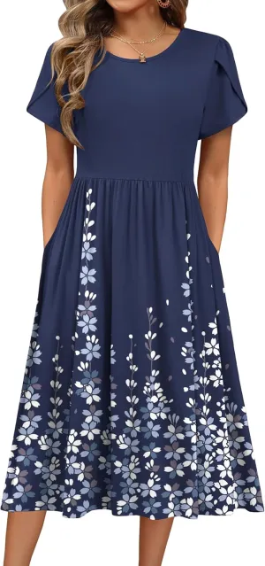 HOTOUCH Women's Summer Short Sleeve A-Line Midi Dresses Casual Floral T-Shirt Dress Flowy Beach Sundress with Pockets