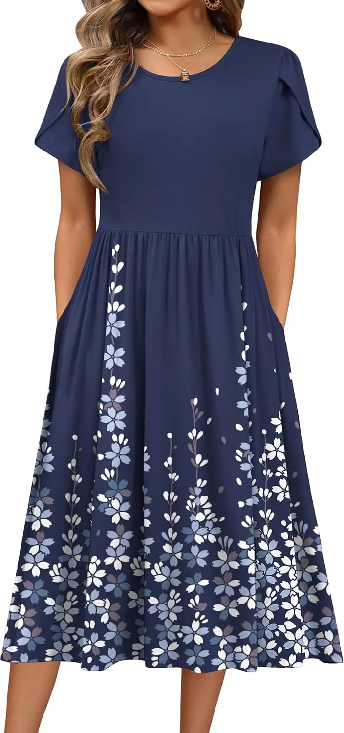 HOTOUCH Women's Summer Short Sleeve A-Line Midi Dresses Casual Floral T-Shirt Dress Flowy Beach Sundress with Pockets