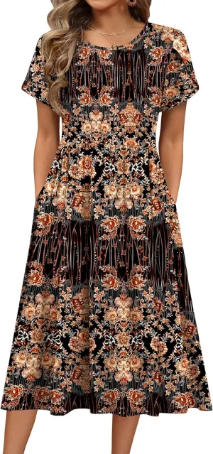 HOTOUCH Women's Summer Short Sleeve A-Line Midi Dresses Casual Floral T-Shirt Dress Flowy Beach Sundress with Pockets