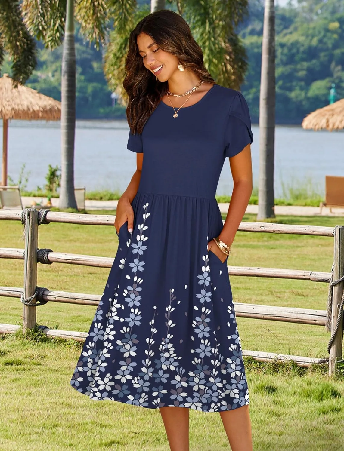 HOTOUCH Women's Summer Short Sleeve A-Line Midi Dresses Casual Floral T-Shirt Dress Flowy Beach Sundress with Pockets