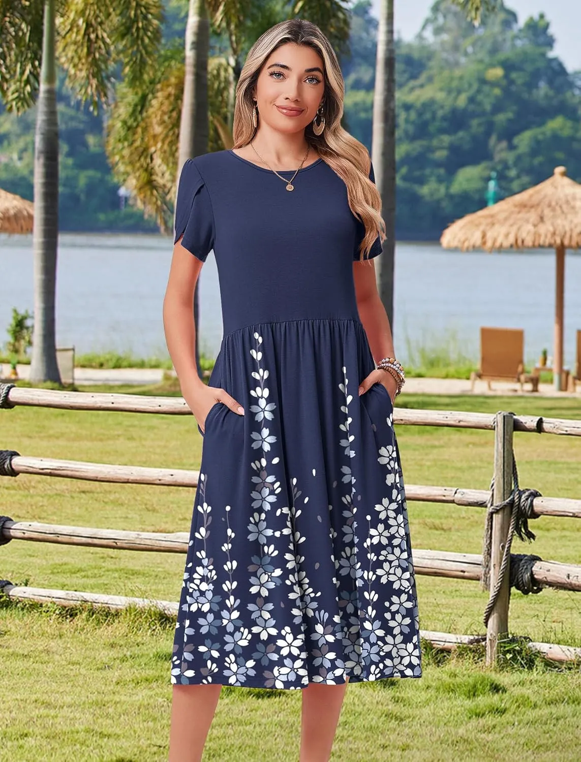 HOTOUCH Women's Summer Short Sleeve A-Line Midi Dresses Casual Floral T-Shirt Dress Flowy Beach Sundress with Pockets