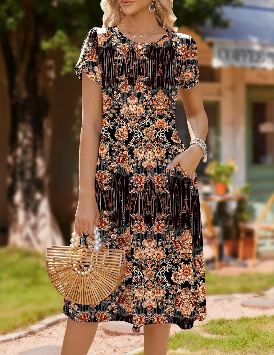 HOTOUCH Women's Summer Short Sleeve A-Line Midi Dresses Casual Floral T-Shirt Dress Flowy Beach Sundress with Pockets