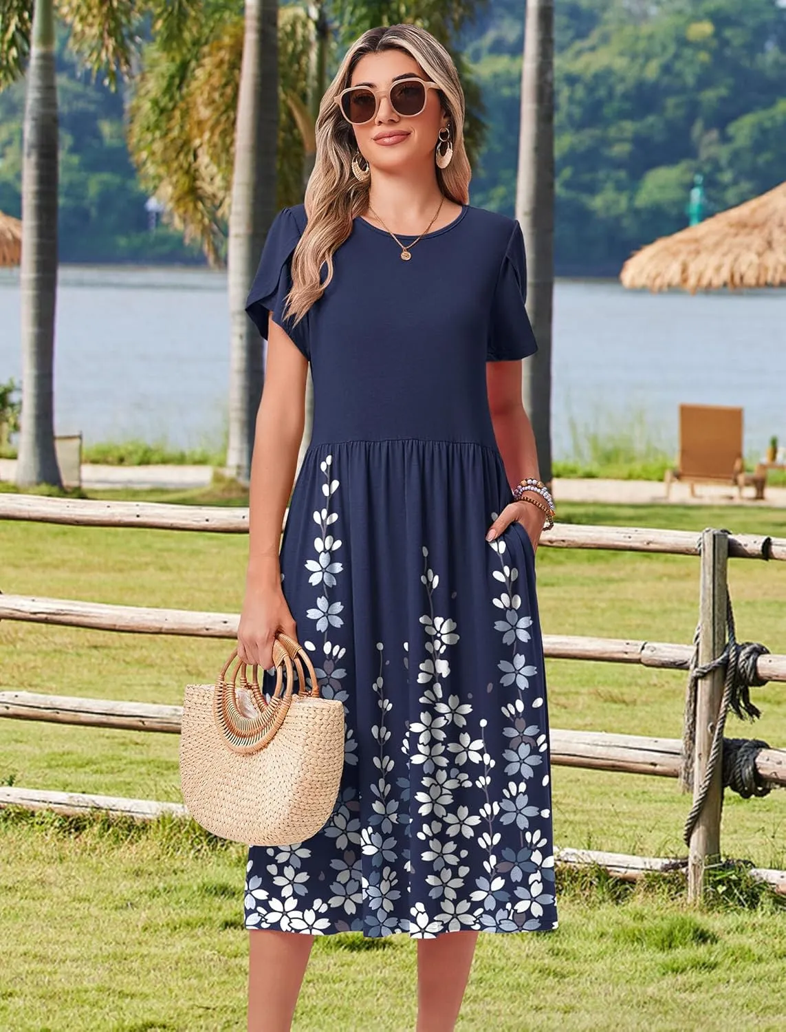 HOTOUCH Women's Summer Short Sleeve A-Line Midi Dresses Casual Floral T-Shirt Dress Flowy Beach Sundress with Pockets