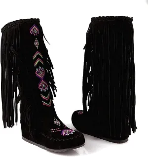HOTRA Mid Calf Boots for Women with Platform Wedge Heel Suede Moccasins Embroidered Fringed Knee High Boots (Color : Black, Size : 9 US)