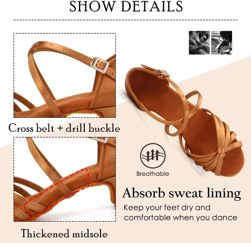 HROYL Women Satin Latin Dance Shoes 1.5inch Low Heel Salsa Practice Performance Ballroom Dancing Shoes XGG