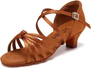HROYL Women Satin Latin Dance Shoes 1.5inch Low Heel Salsa Practice Performance Ballroom Dancing Shoes XGG