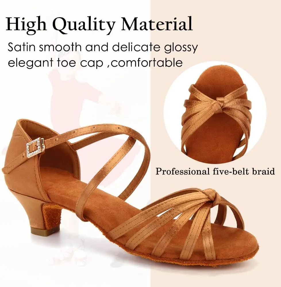 HROYL Women Satin Latin Dance Shoes 1.5inch Low Heel Salsa Practice Performance Ballroom Dancing Shoes XGG