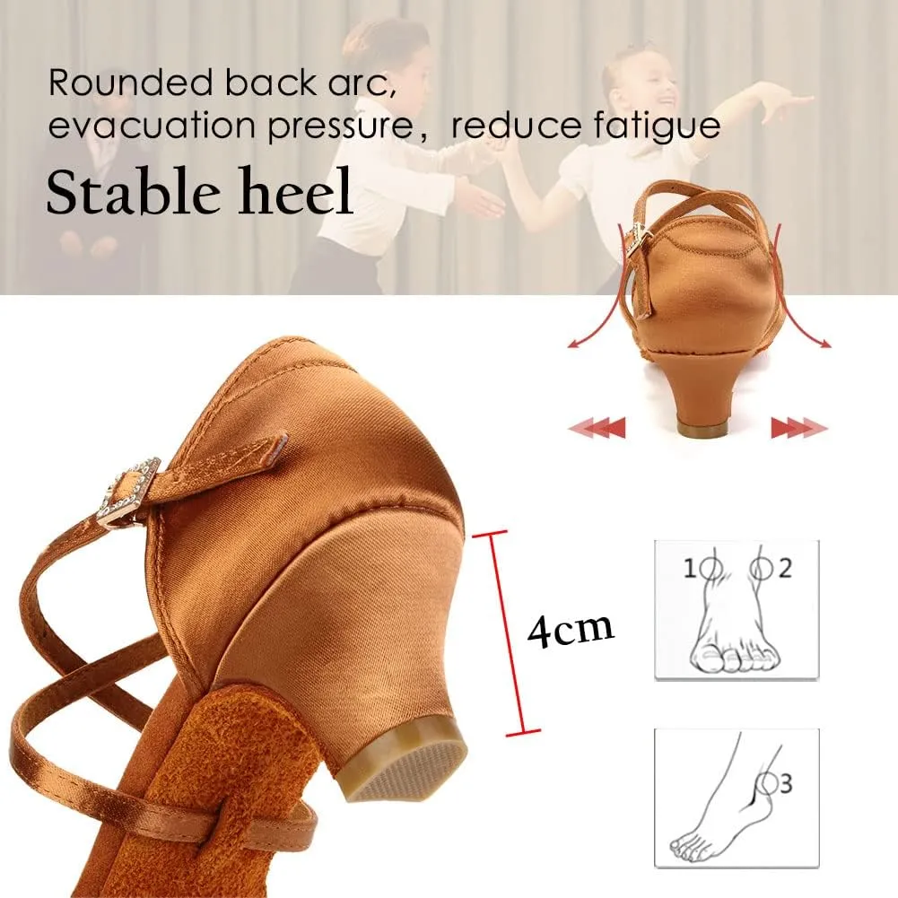 HROYL Women Satin Latin Dance Shoes 1.5inch Low Heel Salsa Practice Performance Ballroom Dancing Shoes XGG