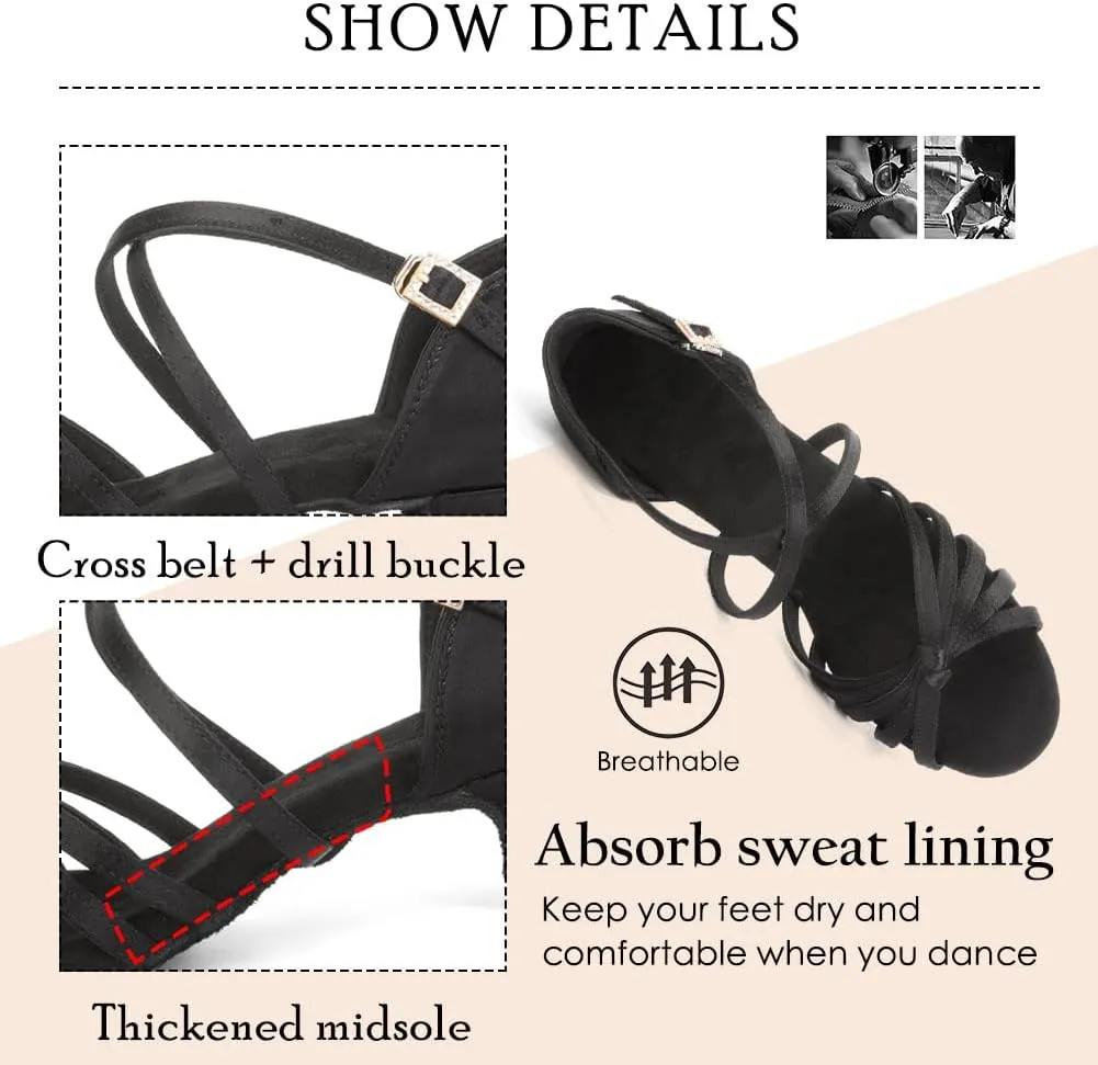 HROYL Women Satin Latin Dance Shoes 1.5inch Low Heel Salsa Practice Performance Ballroom Dancing Shoes XGG