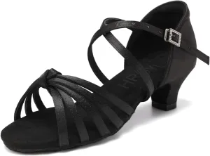 HROYL Women Satin Latin Dance Shoes 1.5inch Low Heel Salsa Practice Performance Ballroom Dancing Shoes XGG
