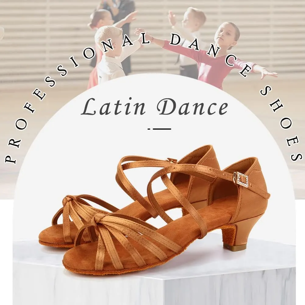 HROYL Women Satin Latin Dance Shoes 1.5inch Low Heel Salsa Practice Performance Ballroom Dancing Shoes XGG