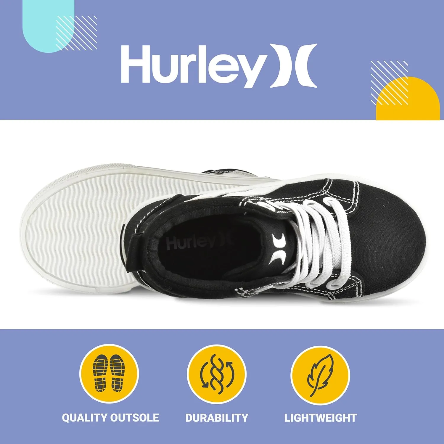Hurley Kids Toddlers Elastic Laces Canvas Sneakers – High Cut Skateboarding Shoes for Toddlers and Little Kids, Sports Shoes for Boys and Girls, Sports Shoes for School Tate