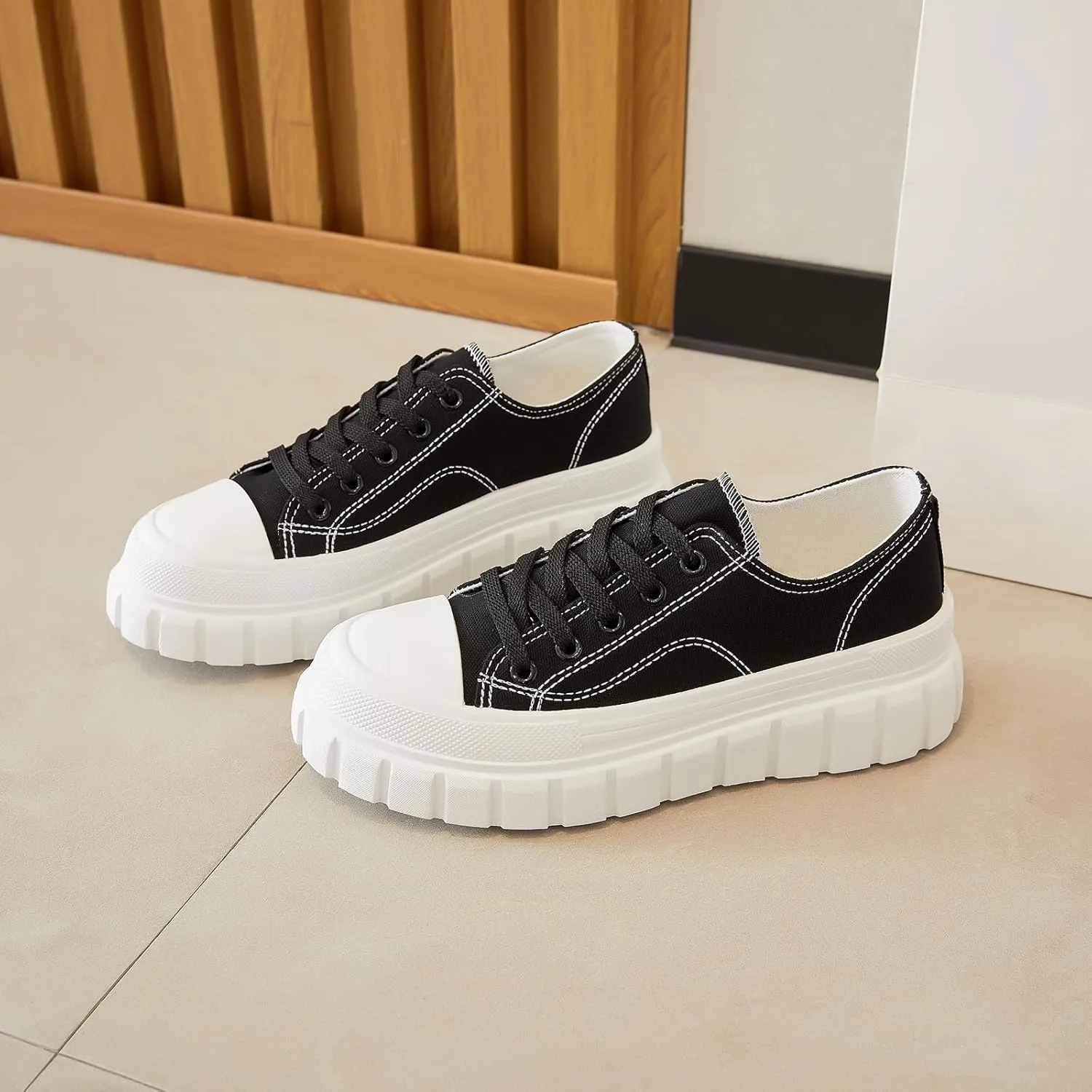 HYPOCRUTE Platform Sneakers for Women Low Top Canvas Shoes Womens Lace Up Platform Shoes Casual Walking Shoes for Women